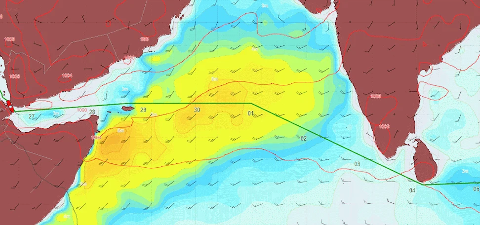 Gulf of Aden and Sri Lanka southwesterly wind
