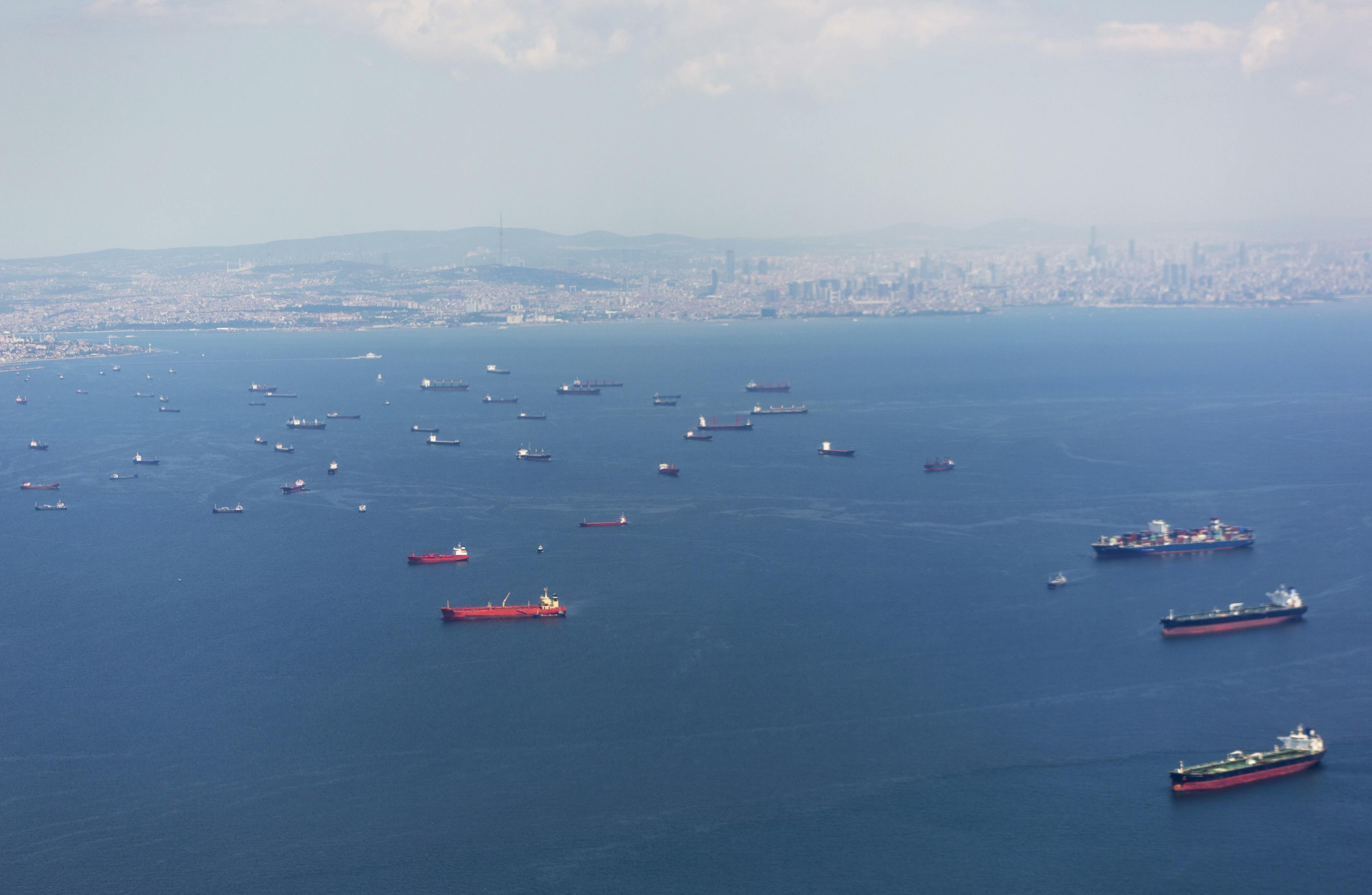 Ships waiting at port in Istanbul